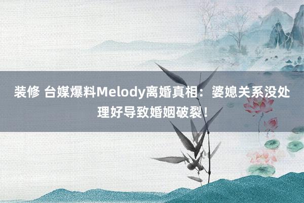 装修 台媒爆料Melody离婚真相：婆媳关系没处理好导致婚姻破裂！